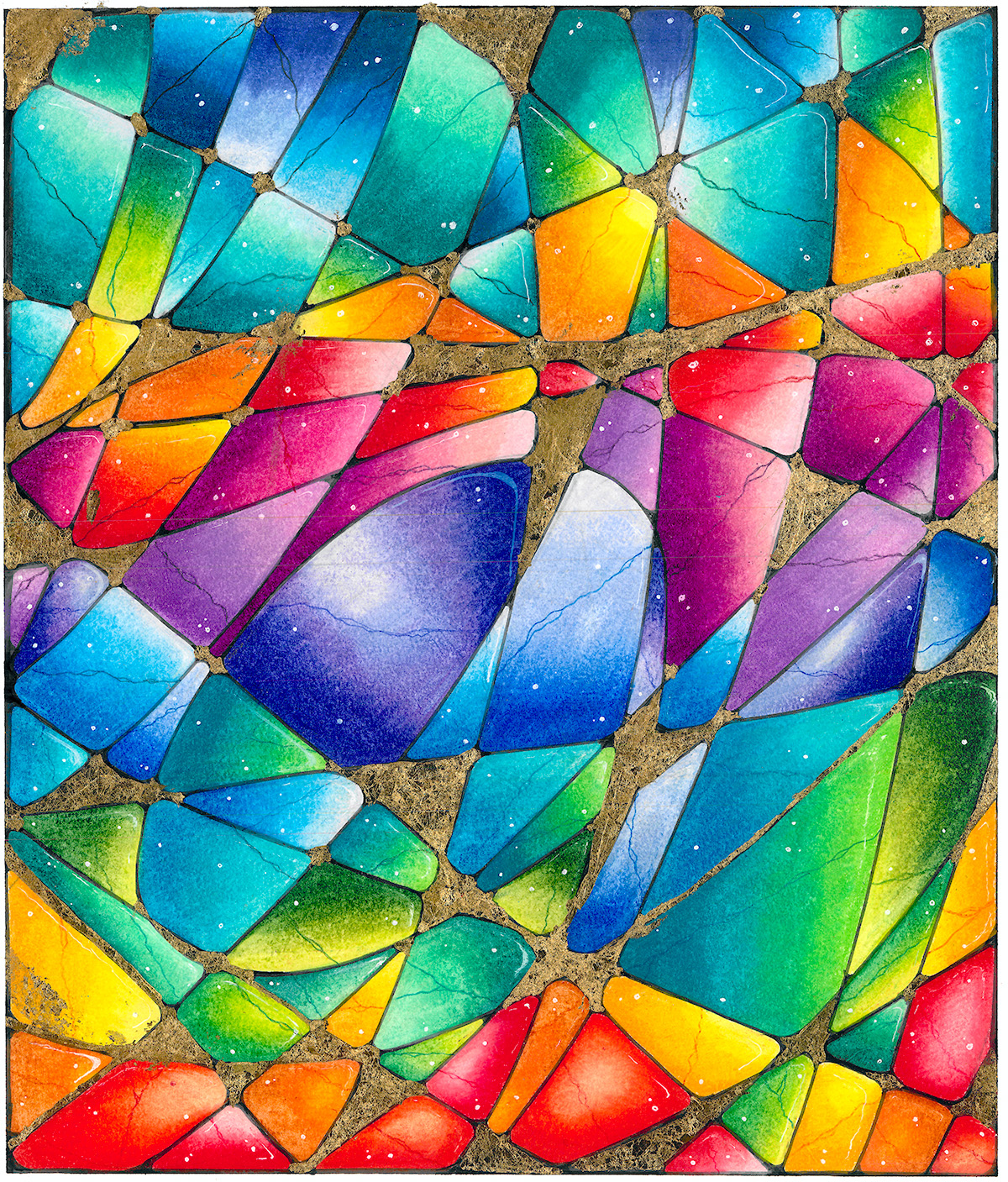 Stained glass watercolor mosaic in jewel tones with gold leading