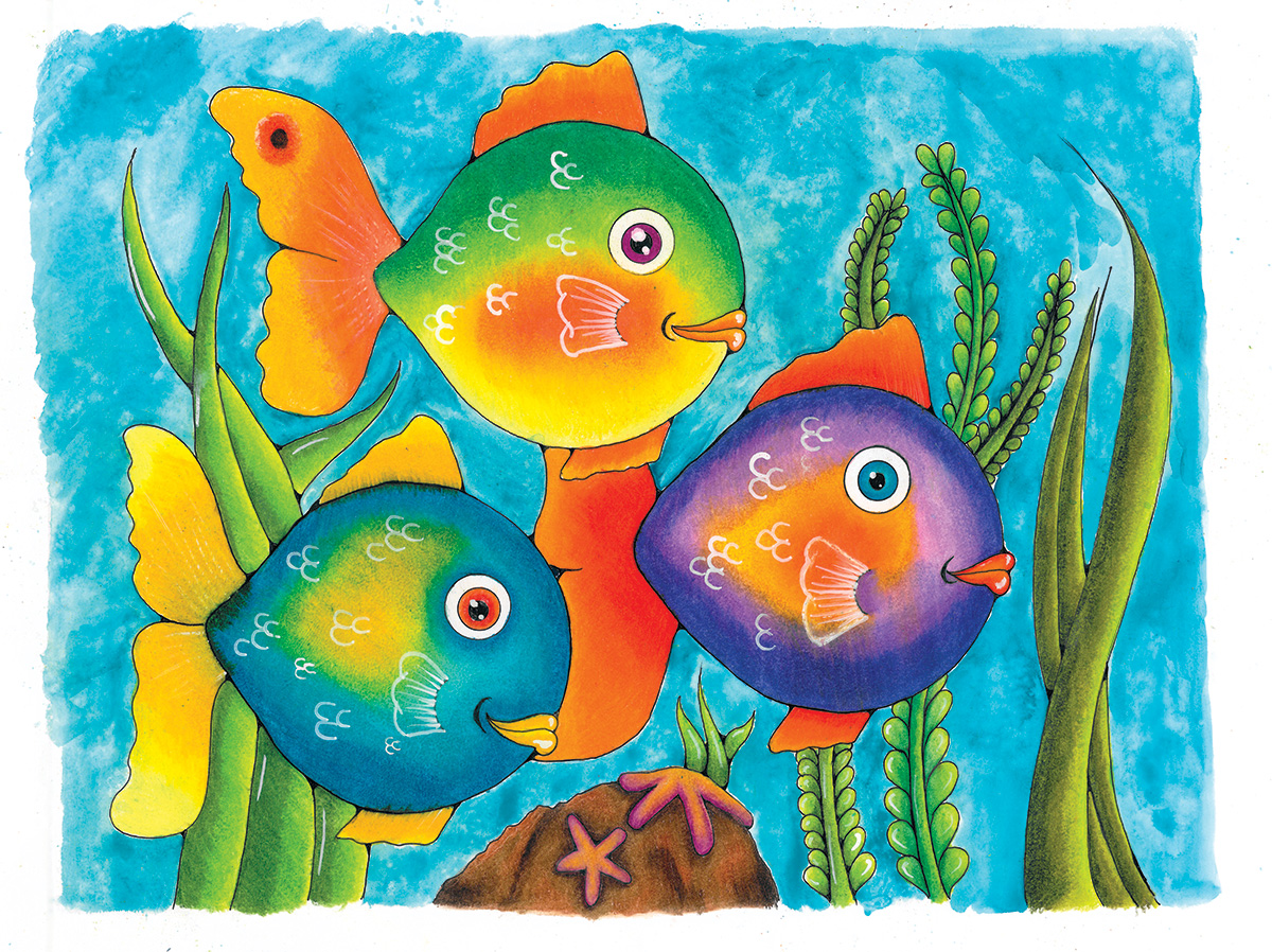 Three brightly colored cartoon fish among green seaweed