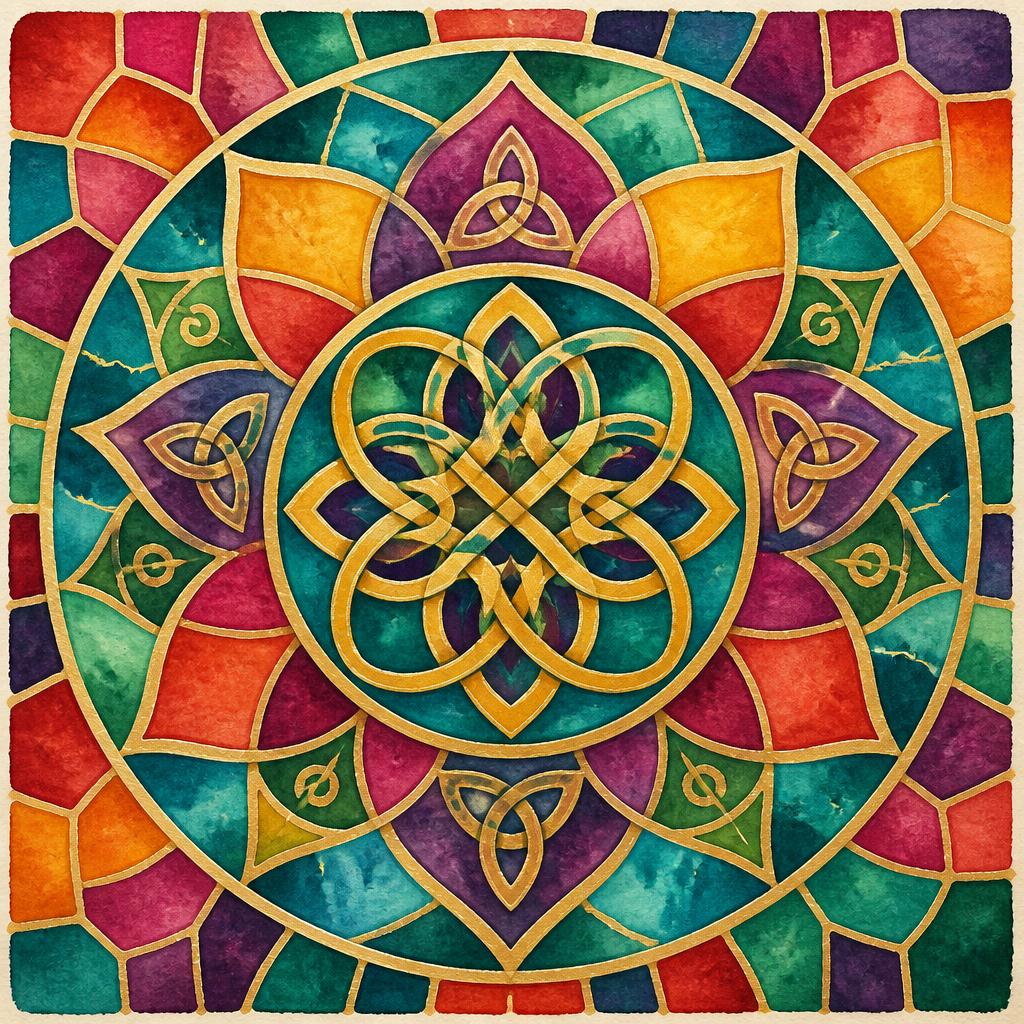 Celtic knot mandala in jewel-tone stained glass cells with gold leading