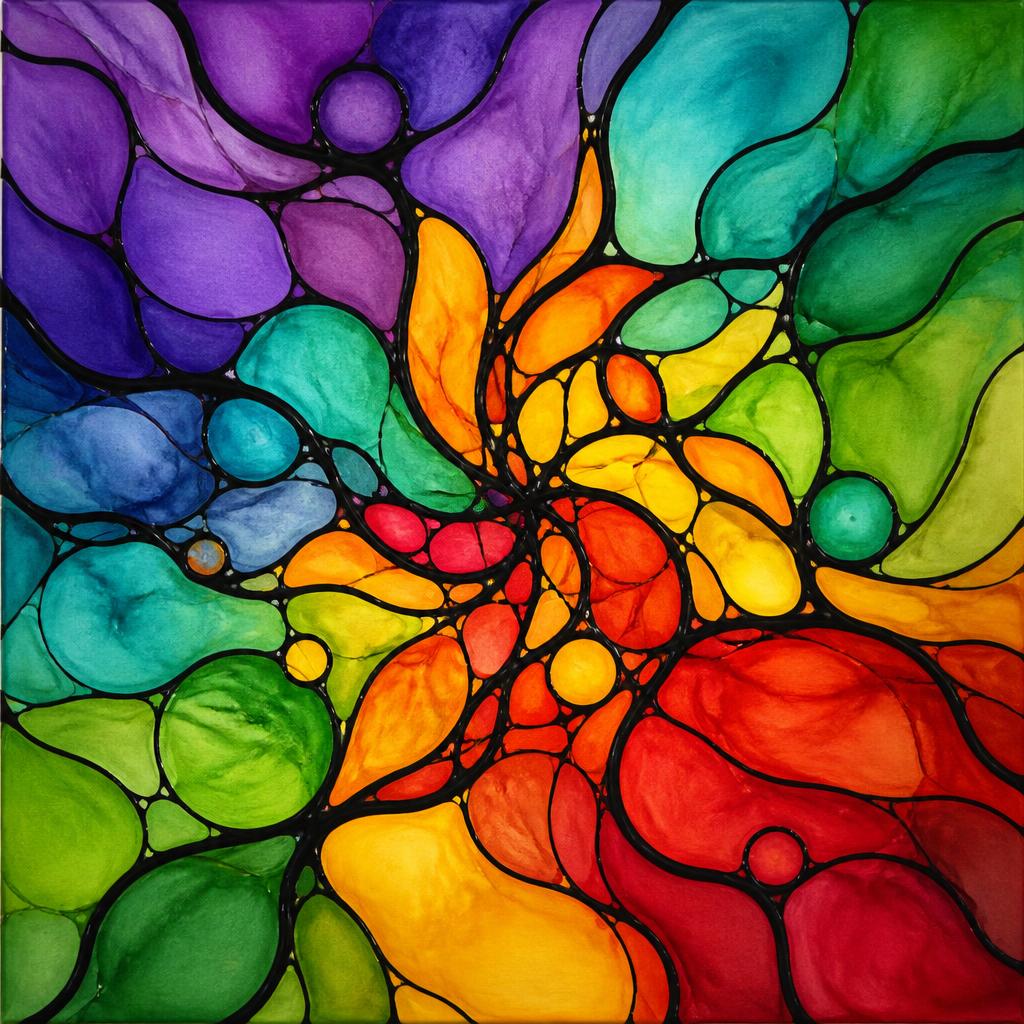 Neurographic painting of flowing lines forming colorful stained-glass cells