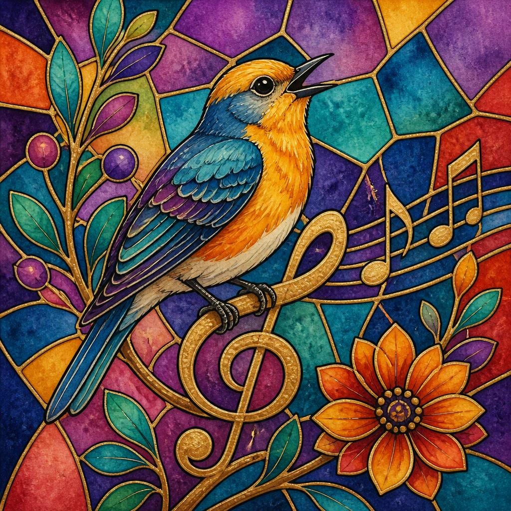 Songbird perched on a golden treble clef against a stained glass background
